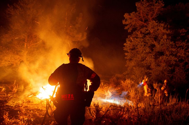 &copy; Reuters. FILE PHOTO: Cal Fire firefighters tackle the Bridge Fire threatening mountain communities to the northeast of Los Angeles, in Wrightwood, California, U.S. September 11, 2024.  REUTERS/Ringo Chiu/File Photo