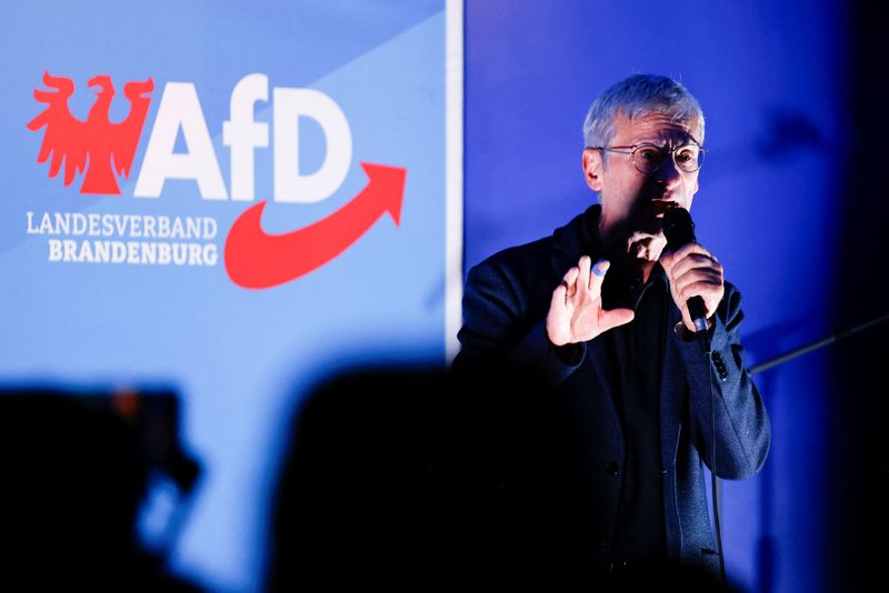 &copy; Reuters. FILE PHOTO: Christoph Berndt speaks during an Alternative for Germany (AfD) campaign rally for the upcoming Brandenburg state election, in Cottbus, Germany, September 19, 2024. REUTERS/Axel Schmidt/File Photo