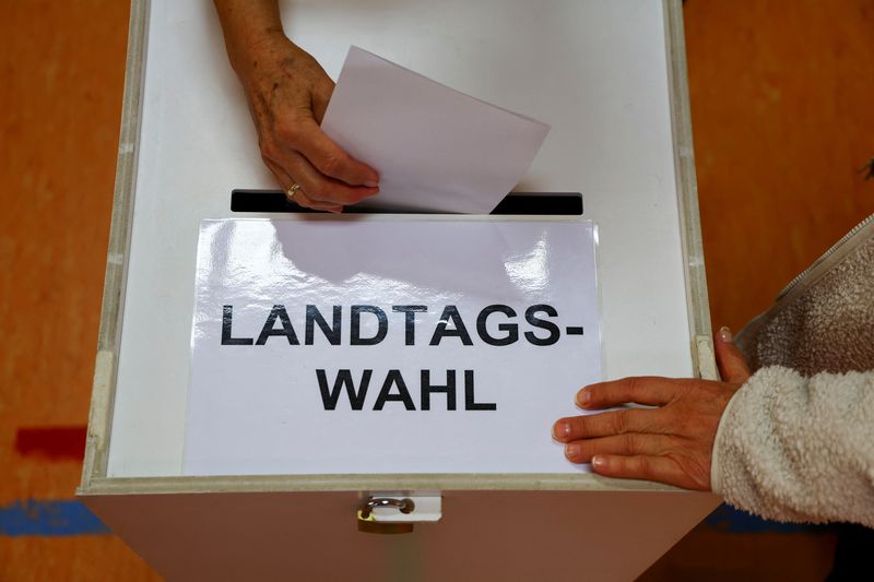 © Reuters. A voter casts their vote in the ballot box during the Brandenburg state election in Forst, Germany, September 22, 2024. REUTERS/Fabrizio Bensch