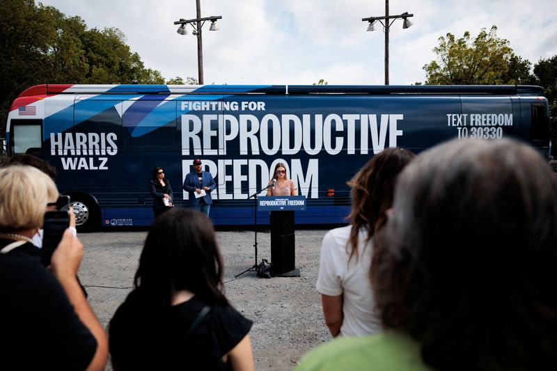 © Reuters. Hadley Duvall speaks during an event held by the Harris-Walz campaign's national 