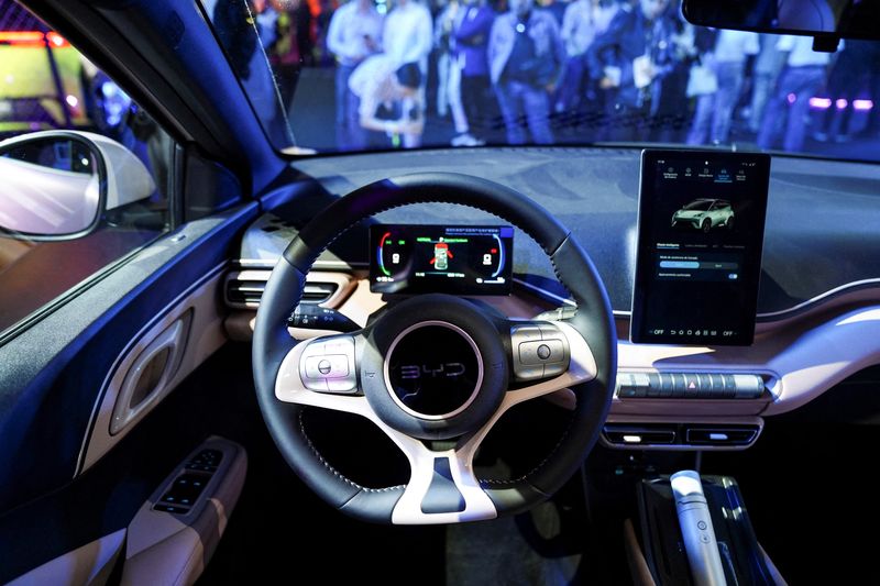 © Reuters. FILE PHOTO: The BYD EV Dolphin Mini is displayed as the Chinese electric-vehicle producer announces the launch of the low-cost EV in Mexico City, Mexico February 28, 2024. REUTERS/Toya Sarno Jordan/File Photo