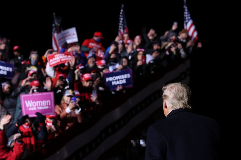 &copy; Reuters. FILE PHOTO: Then U.S. President Donald Trump looks back at his supporters in this file photo, as he departs at the end of a campaign event at Eppley Airfield in Omaha, Nebraska, U.S. October 27, 2020. REUTERS/Jonathan Ernst/File Photo