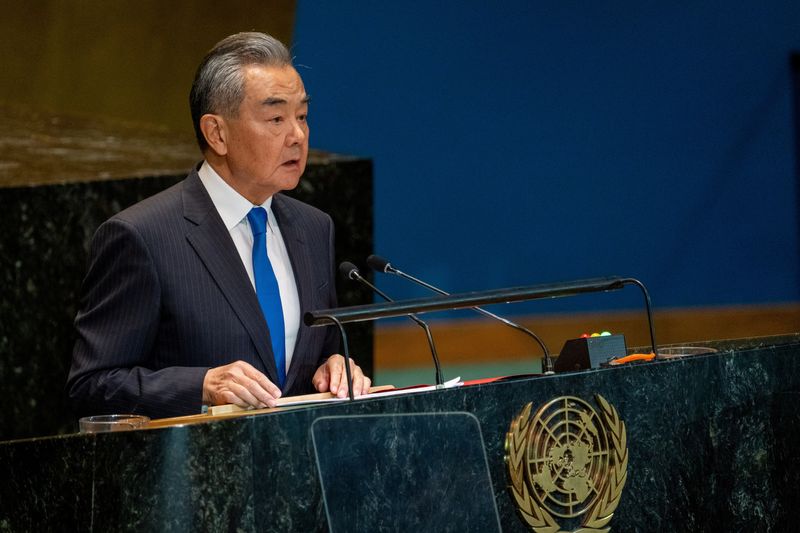 © Reuters. Foreign Minister of the People's Republic of China Wang Yi addresses the 