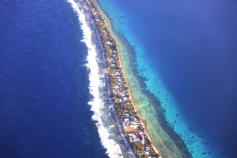 &copy; Reuters. Aerial view of Funafuti, Tuvalu’s most populous island, September 6, 2024. Picture taken through plane window. REUTERS/Kirsty Needham