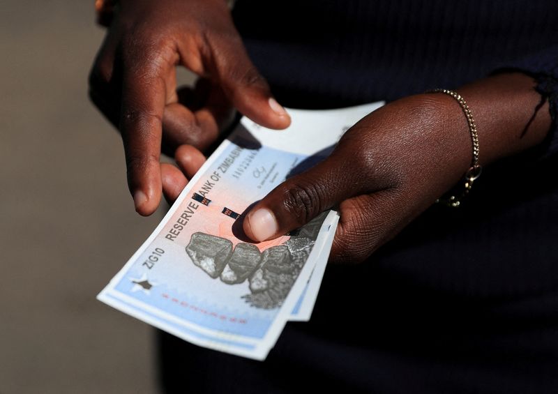 © Reuters. FILE PHOTO: A man shows new Zimbabwe gold-backed currency after withdrawing from a local bank in Harare, Zimbabwe, April 30, 2024.REUTERS/Philimon Bulawayo/File Photo