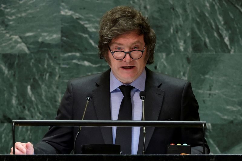 © Reuters. Argentina's President Javier Milei addresses the 79th United Nations General Assembly at U.N. headquarters in New York, U.S., September 24, 2024. REUTERS/Mike Segar