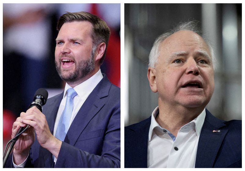 © Reuters. A combination picture shows Republican vice presidential nominee U.S. Senator J.D. Vance (R-OH) speaking during his first rally as Republican presidential nominee and former U.S. President Donald Trump's running mate, in Grand Rapids, Michigan, U.S. July 20, 2024, and Minnesota Governor Tim Walz speaking inside the Earth Rider Brewery in Superior, Wisconsin, U.S., January 25, 2024. REUTERS/Tom Brenner/File Photo