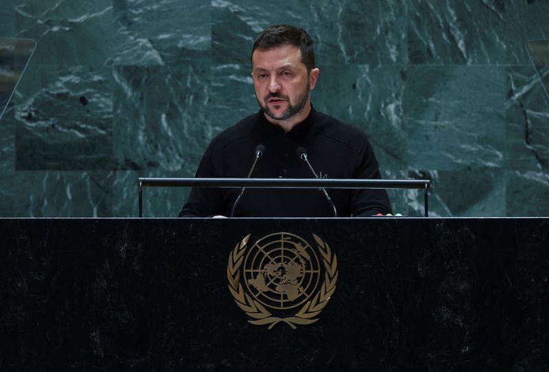 &copy; Reuters. Presidente da Ucrânia, Volodymyr Zelenskiy, durante discurso na Assembleia Geral da ONU, em Nova York, EUAn25/09/2024nREUTERS/Mike Segar