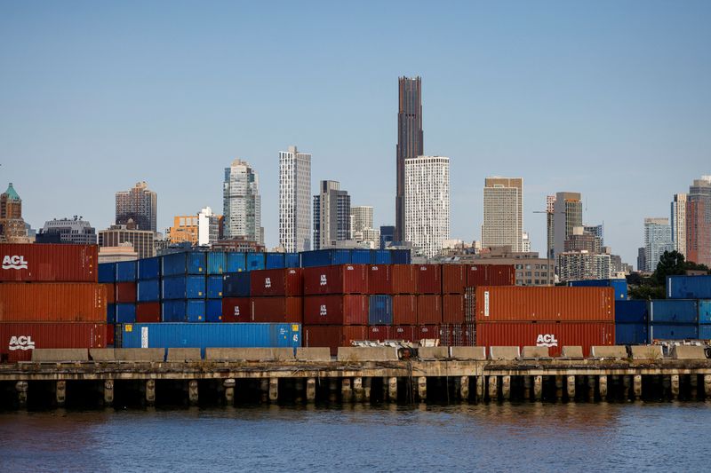 &copy; Reuters. FILE PHOTO: Shipping containers are stacked on a pier at the Red Hook Terminal in Brooklyn, New York, U.S., September 20, 2024.  REUTERS/Brendan McDermid/File Photo