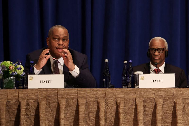 © Reuters. Haitian Prime Minister Garry Conille speaks during a Multilateral Meeting on Building on Progress to Restore Security in Haiti in New York City, U.S., September 25, 2024. REUTERS/Caitlin Ochs/Pool