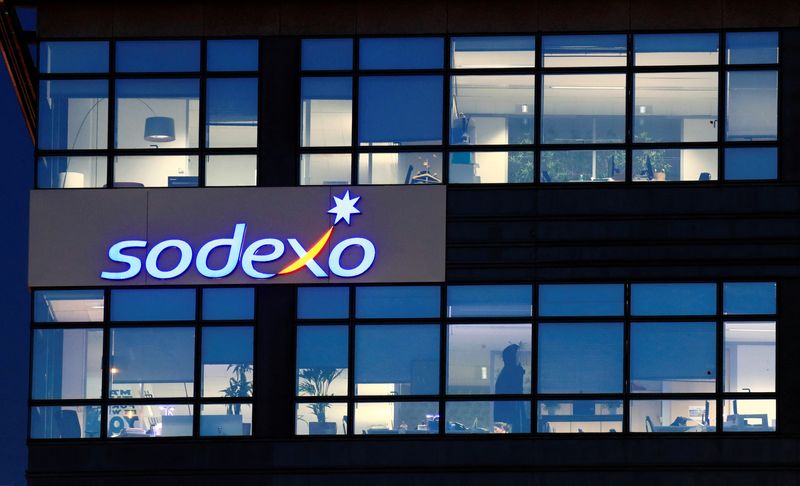 &copy; Reuters. FILE PHOTO: The logo of French food services and facilities management group Sodexo is seen at the company headquarters in Issy-les-Moulineaux near Paris, France, November 30, 2018. REUTERS/Gonzalo Fuentes/File Photo