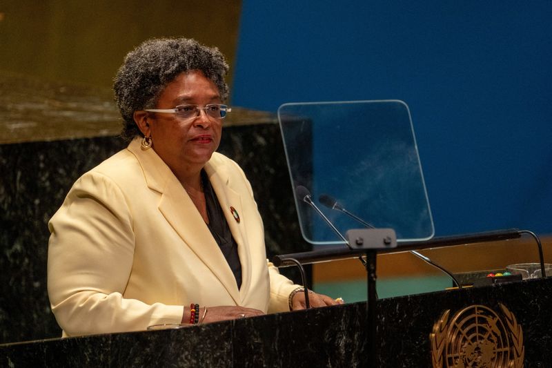 © Reuters. FILE PHOTO: Prime Minister of Barbados Mia Amor Mottley addresses the 