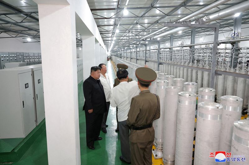 &copy; Reuters. FILE PHOTO: North Korean leader Kim Jong Un tours facilities during a visit to the Nuclear Weapons Institute and the production base of weapon-grade nuclear materials at an undisclosed location in North Korea, in this photo released by North Korea's offic