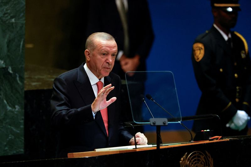 &copy; Reuters. FILE PHOTO: Turkey's President Tayyip Erdogan addresses the 79th United Nations General Assembly at U.N. headquarters in New York, U.S., September 24, 2024.  REUTERS/Shannon Stapleton/File Photo