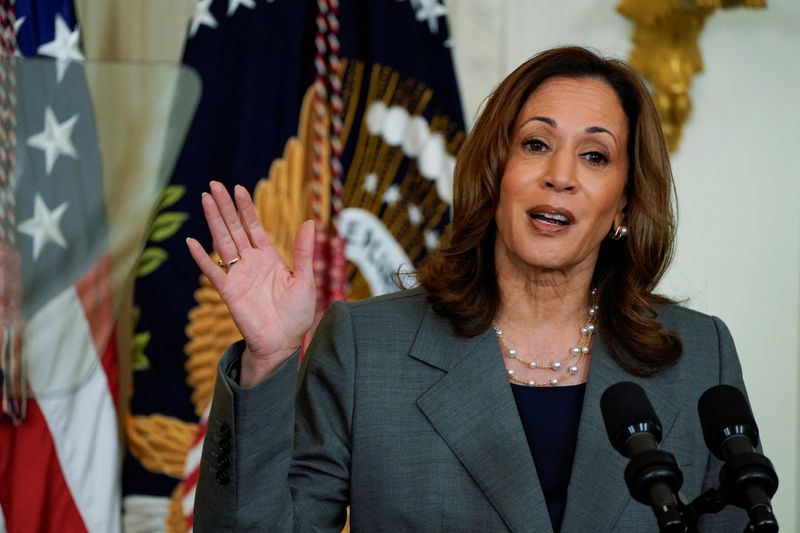 &copy; Reuters. Vice President Kamala Harris speaks as she delivers remarks with U.S. President Joe Biden (not pictured) on gun violence in America, at the White House in Washington, U.S., September 26, 2024.  REUTERS/Elizabeth Frantz