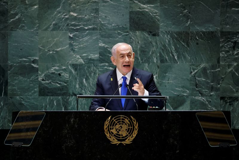 &copy; Reuters. Primeiro-ministro de Israel, Benjamin Netanyahu, discursa na ONUn27/09/2024nREUTERS/Eduardo Munoz