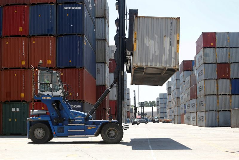 &copy; Reuters. FILE PHOTO: Empty shipping containers are stacked for storage at Wando Welch Terminal operated by the South Carolina Ports Authority in Mount Pleasant, South Carolina, U.S. May 10, 2018. REUTERS/Randall Hill/File Photo