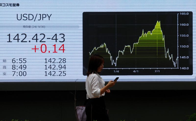 © Reuters. A passerby walks past an electronic screen displaying the current Japanese Yen exchange rate against the U.S. dollar outside a brokerage in Tokyo, Japan, September 30, 2024. REUTERS/Kim Kyung-Hoon