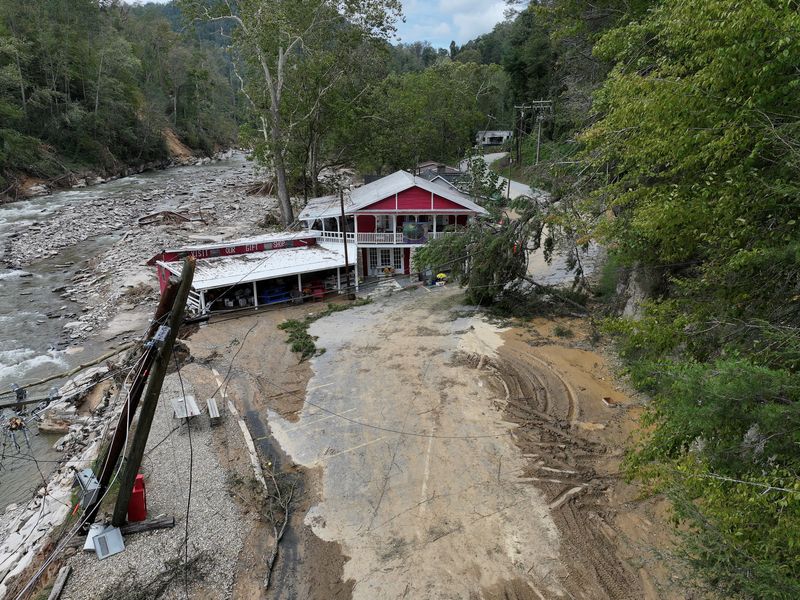 &copy; Reuters. A drone view shows a blocked road, following the passing of Hurricane Helene, in Bat Cave, North Carolina, U.S., September 30, 2024. REUTERS/Marco Bello