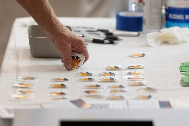 © Reuters. FILE PHOTO: A Fulton County voter picks up a voting sticker during the Georgia primary on Election Day at Morningside Presbyterian Church in Atlanta, Georgia, U.S., May 21, 2024.  REUTERS/Alyssa Pointer/File Photo