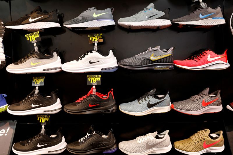 © Reuters. FILE PHOTO: Nike shoes are seen displayed at a sporting goods store in New York City, New York, U.S., May 14, 2019. REUTERS/Mike Segar/File Photo