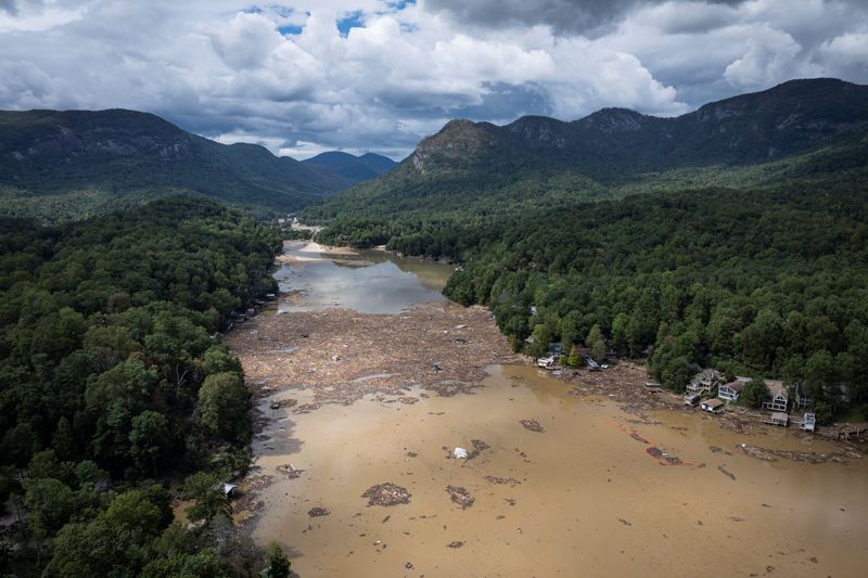 &copy; Reuters. FILE PHOTO: A drone view shows a damaged area following the passing of Hurricane Helene, in Lake Lure, North Carolina, U.S., October 1, 2024. REUTERS/Marco Bello/File Photo