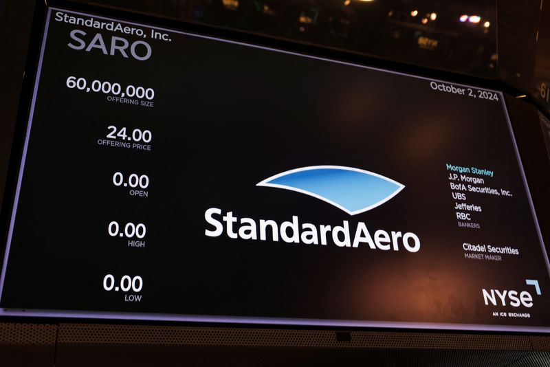 © Reuters. A view of a screen inside the New York Stock Exchange before StandardAero, aircraft maintenance services provider, holds IPO at the New York Stock Exchange in New York City, U.S., October 2, 2024. REUTERS/Kent J. Edwards