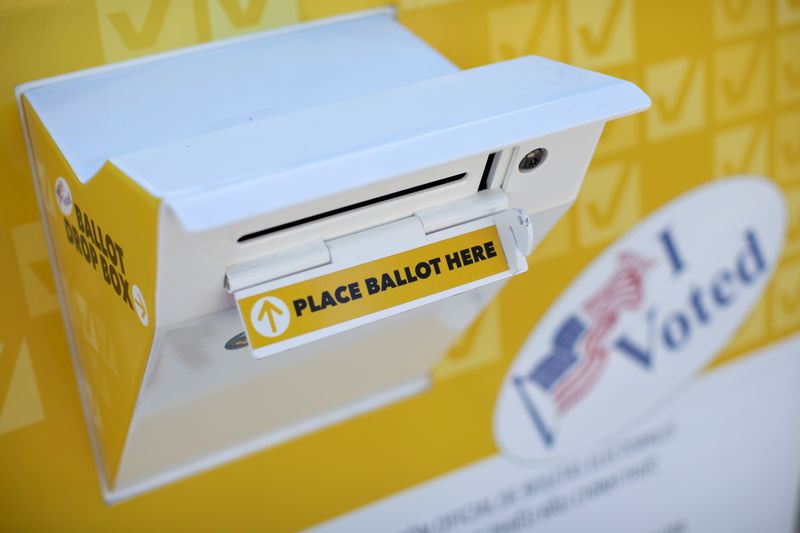 &copy; Reuters. FILE PHOTO: An official Orange County election ballot drop box is shown in Irvine, California, U.S., October 14, 2020.   REUTERS/Mike Blake/File Photo