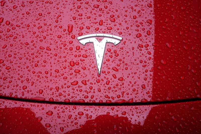 © Reuters. FILE PHOTO: A Tesla logo is pictured on a car in the rain in the Manhattan borough of New York City, New York, U.S., May 5, 2021. REUTERS/Carlo Allegri/File Photo