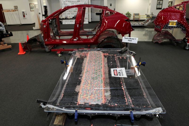 &copy; Reuters. A partially disassembled 4680 structural battery pack from a Tesla Model Y,  built in Austin, Texas, is displayed under a sheet of plexiglass in Auburn Hills, Michigan U.S. March 3, 2023. REUTERS/Rebecca Cook/File Photon