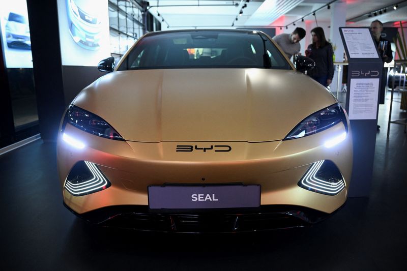 &copy; Reuters. FILE PHOTO: A BYD SEAL electric vehicle is displayed during a BYD store opening at the car dealership Sternauto in Berlin, Germany January 31, 2024. REUTERS/Annegret Hilse/File Photo