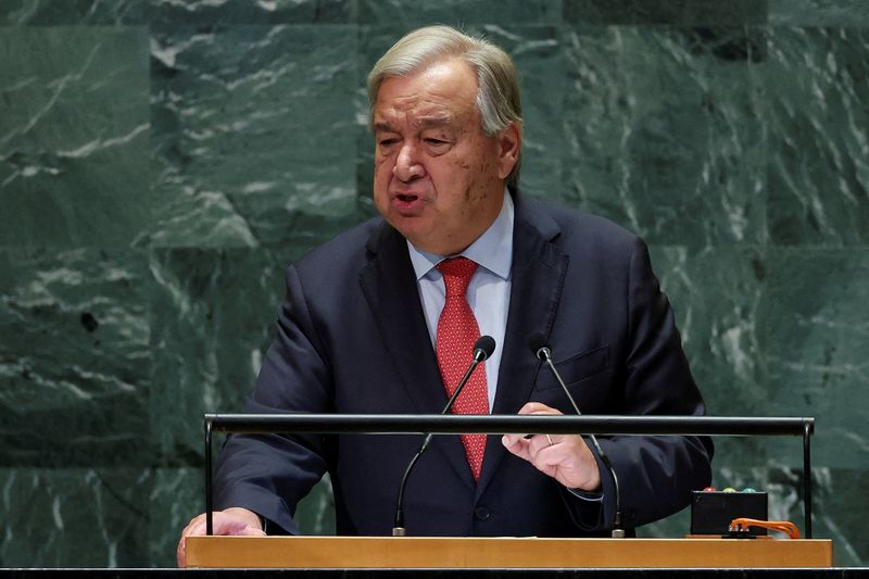 &copy; Reuters. FILE PHOTO: United Nations Secretary-General Antonio Guterres addresses the 79th United Nations General Assembly at U.N. headquarters in New York, U.S., September 24, 2024.  REUTERS/Mike Segar/File Photo