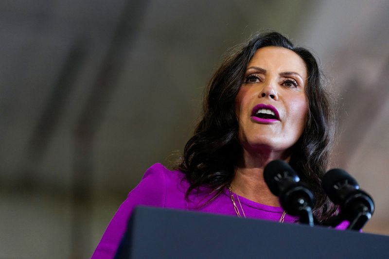 &copy; Reuters. FILE PHOTO: Michigan's Governor Gretchen Whitmer speaks during a campaign rally for U.S. Vice President and Democratic presidential candidate Kamala Harris and her newly-chosen vice presidential running mate, Minnesota Governor Tim Walz, at Detroit Metrop