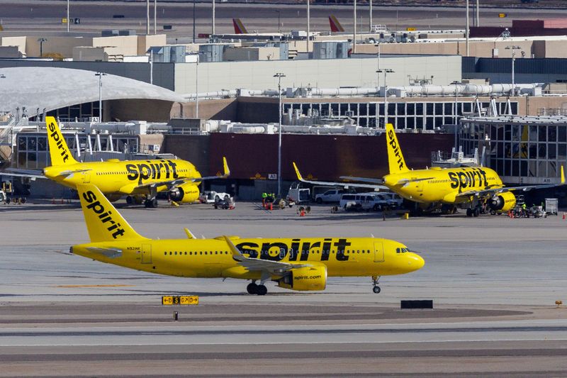 &copy; Reuters. Spirit Airlines commercial airliners are shown at Las Vegas International Airport in Las Vegas, Nevada, U.S., February 8, 2024.  REUTERS/Mike Blake/File Photo