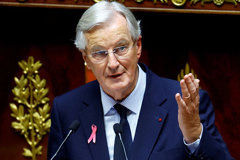 &copy; Reuters. FILE PHOTO: French Prime Minister Michel Barnier delivers his general policy speech at the National Assembly in Paris, France, October 1, 2024. REUTERS/Sarah Meyssonnier/File Photo