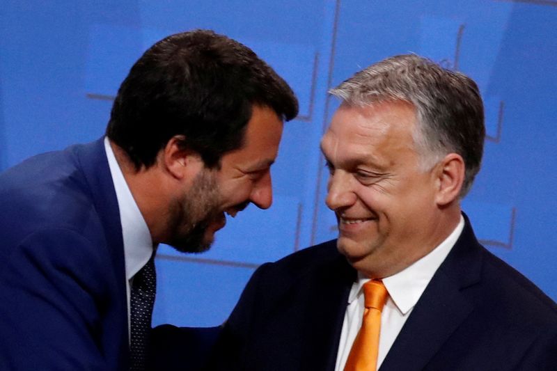 &copy; Reuters. FILE PHOTO: Italian Deputy Prime Minister Matteo Salvini smiles with Hungarian Prime Minister Viktor Orban during a joint news conference in Budapest, Hungary May 2, 2019. REUTERS/Bernadett Szabo/File Photo