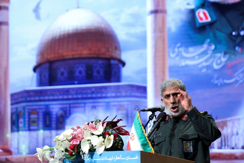 © Reuters. FILE PHOTO: Brigadier General Esmail Qaani, the head of the Revolutionary Guards' Quds Force, speaks during a ceremony marking the anniversary of the death of senior Iranian military commander Mohammad Hejazi, in Tehran, Iran April 14, 2022. Majid Asgaripour/WANA (West Asia News Agency) via REUTERS/File photo