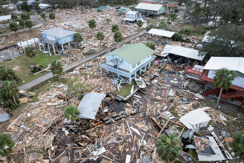 © Reuters. FILE PHOTO: A drone view shows a flooded and damaged area from Hurricane Helene in Horseshoe Beach, Florida, U.S., September 28, 2024. REUTERS/Marco Bello/File Photo