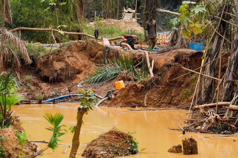 &copy; Reuters. An illegal artisanal miner searches for gold in an excavated pit at the Prestea-Huni Valley Municipal District in the Western Region, Ghana August 17, 2024. REUTERS/Francis Kokoroko