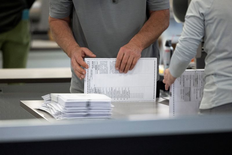 &copy; Reuters. FILE PHOTO: An election worker processes ballots at Philadelphia's vote counting facility on Pennsylvania's primary election day in Philadelphia, Pennsylvania, U.S. April 23, 2024.  REUTERS/Rachel Wisniewski/File Photo