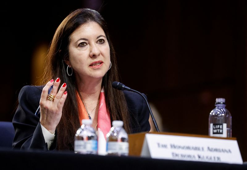 © Reuters. FILE PHOTO: Adriana Kugler testifies before a Senate Banking Committee hearing on her nomination to be a member of the Federal Reserve Board of Governors, on Capitol Hill in Washington, U.S., June 21, 2023. REUTERS/Jonathan Ernst/File Photo