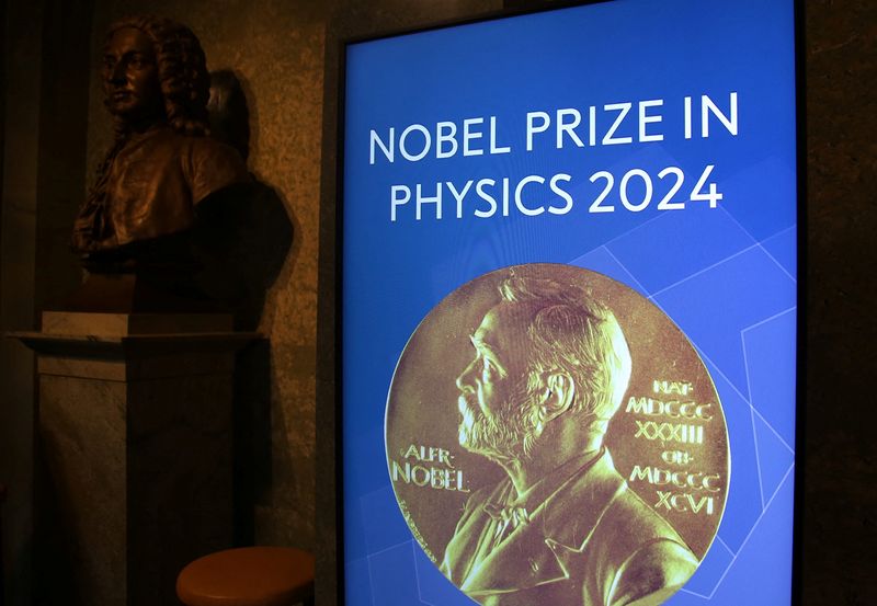 &copy; Reuters. Una vista dell'insegna del Premio Nobel per la Fisica nella sede dell'Accademia Reale Svedese delle Scienze a Stoccolma, Svezia, l'8 ottobre 2024. REUTERS/ Tom Little