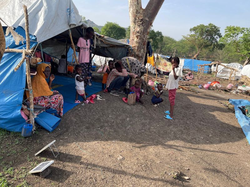 © Reuters. FILE PHOTO: People look on near makeshift shelters, near Awlala Camp, Amhara region, Ethiopia May 31, 2024. Alfatih Alsemari/Handout via REUTERS /File Photo