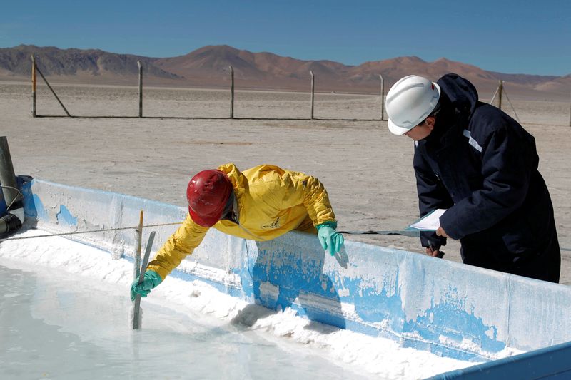 &copy; Reuters. FILE PHOTO: Technicians from the Orocobre mining company work on an evaporation pond test in the salt flat at Olaroz, 4,000 meters (13,123 feet) above sea level and north of the Argentine province of San Salvador de Jujuy August 7, 2010.  Orocobre's asset