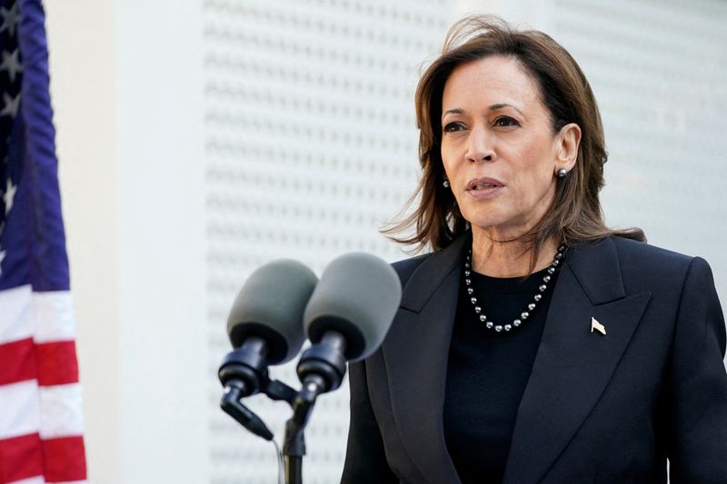 © Reuters. FILE PHOTO: Democratic presidential nominee and U.S. Vice President Kamala Harris speaks at the U.S. Vice President's residence at the U.S. Naval Observatory in Washington, U.S., October 7, 2024. REUTERS/Nathan Howard/File Photo