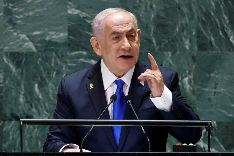 © Reuters. FILE PHOTO: Israel's Prime Minister Benjamin Netanyahu addresses the 79th United Nations General Assembly at U.N. headquarters in New York, U.S., September 27, 2024.  REUTERS/Eduardo Munoz/File Photo