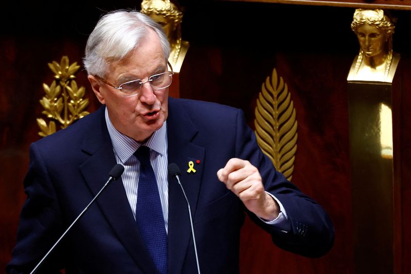 &copy; Reuters. French Prime Minister Michel Barnier delivers a speech during a censure motion debate filed by the alliance of left-wing parties the "Nouveau Front Populaire" (New Popular Front - NFP), after the questions to the government session at the National Assembl