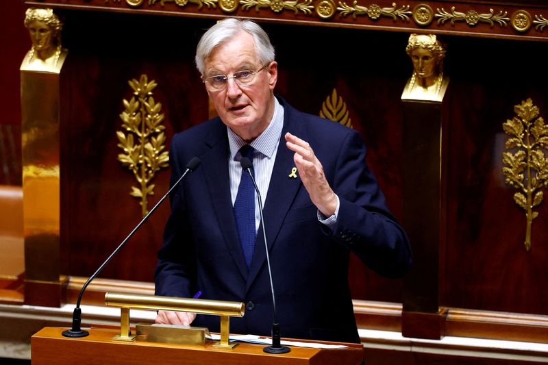 &copy; Reuters. FILE PHOTO: French Prime Minister Michel Barnier delivers a speech during a censure motion debate filed by the alliance of left-wing parties the "Nouveau Front Populaire" (New Popular Front - NFP), after the questions to the government session at the Nati