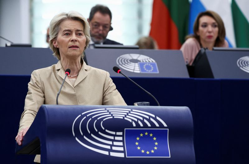 &copy; Reuters. European Commission president Ursula von der Leyen speaks at the European Parliament, in Strasbourg, France October 9, 2024. REUTERS/Yves Herman