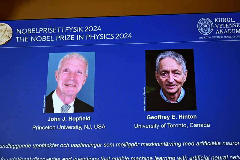 © Reuters. John J Hopfield and Geoffrey E Hinton are awarded this year's Nobel Prize in Physics, announced at a press conference at the Royal Swedish Academy of Sciences in Stockholm, Sweden October 8, 2024. TT News Agency/Christine Olsson via REUTERS      